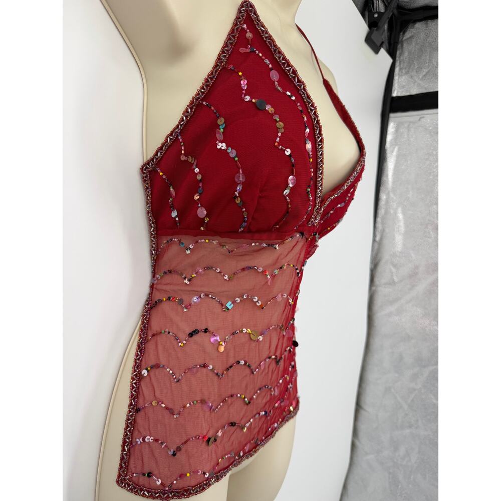 Y2K Vanity Womens M Mesh Backless Sequined Sheer Top Red Festival Fairy - Picture 4 of 10